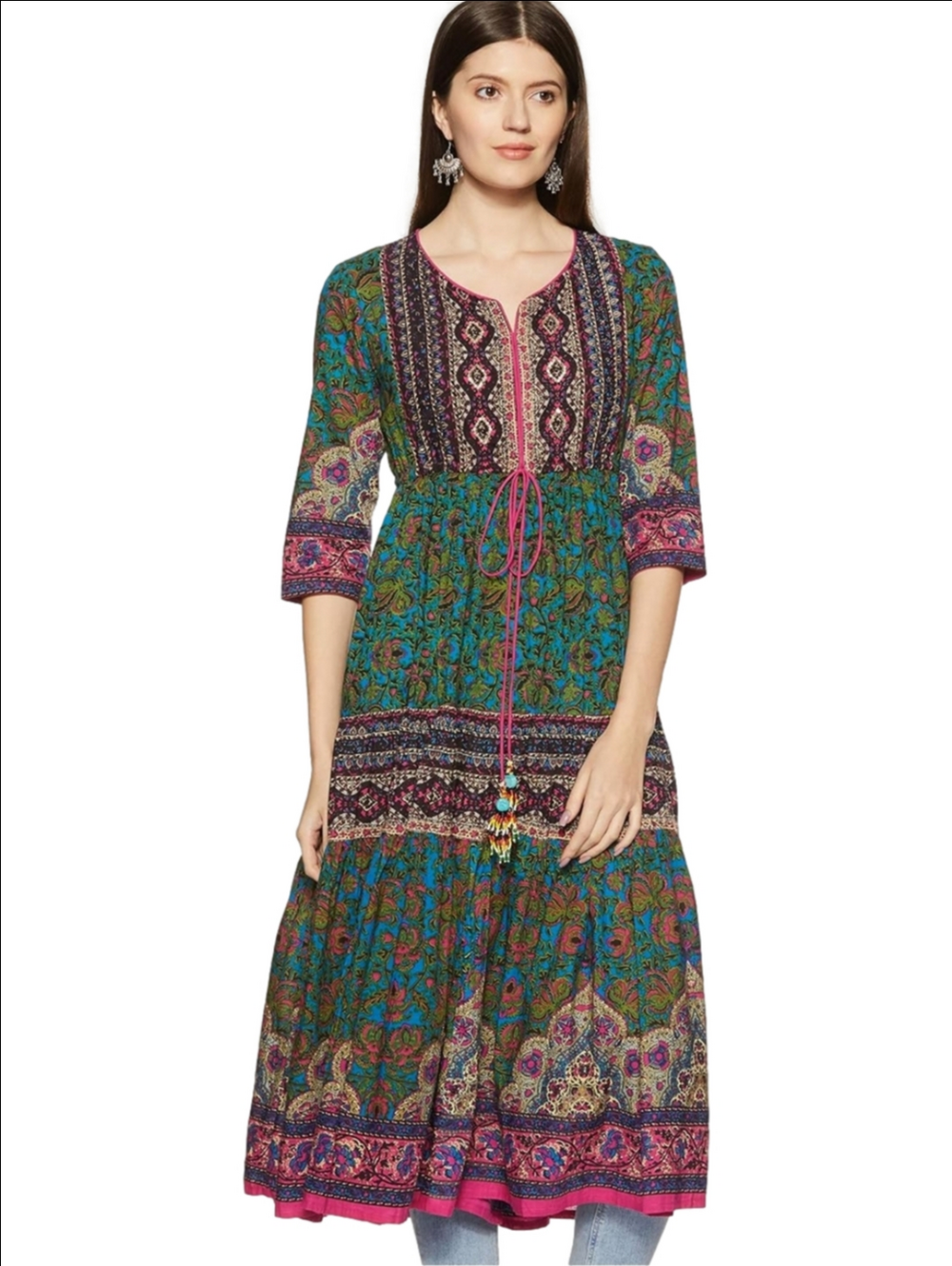 Boho Floral Print Cotton Midi Dress in Teal and Pink Tiered